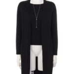 ロングカーデトリプルアンサンブル(4点SETリブニット＋ブラウス+カーデ+ネックレス)/ブラック