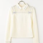 メッシュフリル襟付リブトップス/ブルー